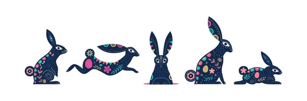 复活节兔子集老式民间艺术风格 色彩艳丽的兔子卡通画集 白色背景 花朵装饰 春光点缀 — 图库矢量图片