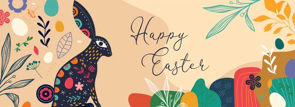 Happy Easter Web Banner Illustratie Van Vintage Folk Kunst Stijl — Stockvector