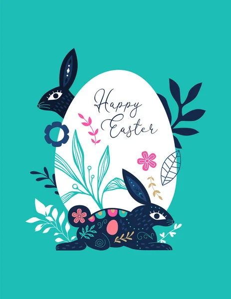 Happy Easter Greeting Card Illustration Retro Folk Art Rabbits Egg — Stock Vector