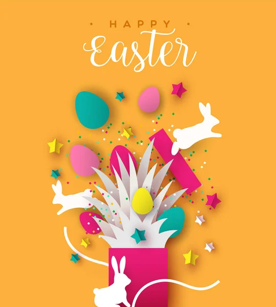 Happy Easter Greeting Card Papercut Rabbit Gift Paper Craft Decoration — Stock Vector