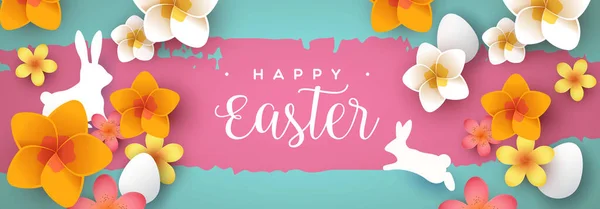 Veselé Velikonoce Web Banner Ilustrace Barevné Jarní Květina Papírem Králík — Stockový vektor