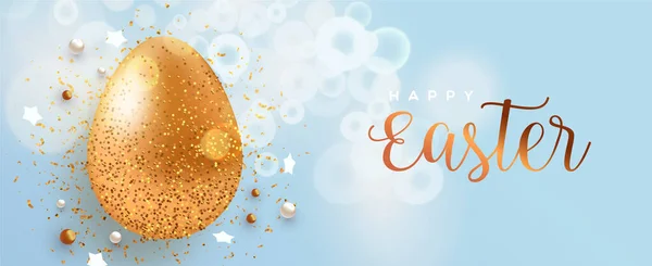 Happy Easter Web Banner Illustration Realistic Egg Bronze Color Glitter — Stock Vector