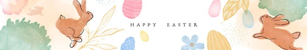 Veselé Velikonoce Web Banner Ilustrace Králičí Skákání Jarním Lese Barevnými — Stockový vektor