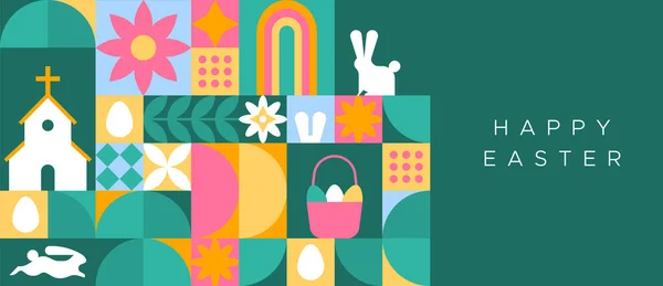 Frohe Ostern Glückwunschkarte Aus Geometrischem Mosaik Mit Kaninchen Und Naturdekoration — Stockvektor