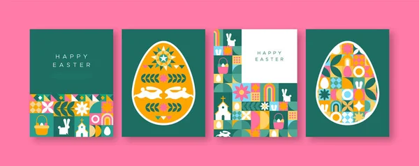 复活节快乐贺卡一套几何图形的民间马赛克与鸡蛋 兔子和大自然的装饰 传统基督教节日期间的春节插图收集 — 图库矢量图片