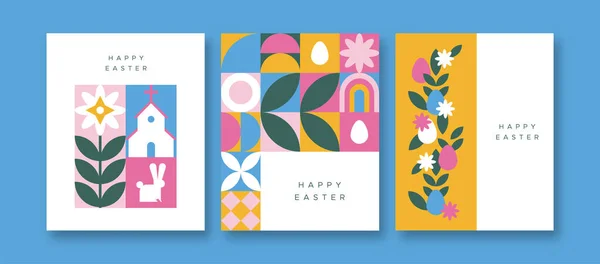 Happy Easter Wenskaart Illustratie Set Van Kleurrijke Platte Geometrische Konijn — Stockvector