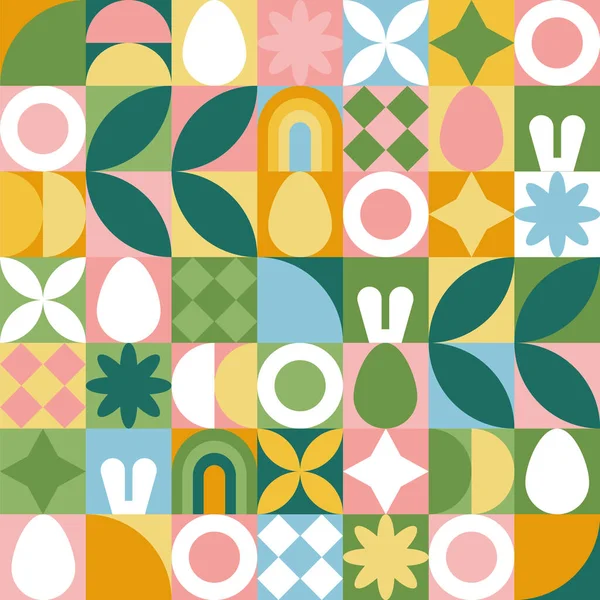 現代の幾何学的な春の装飾 卵やウサギの動物の耳のイースターシームレスなパターンイラスト 休日のお祝いのためのモザイクタイルスタイルの背景デザイン — ストックベクタ