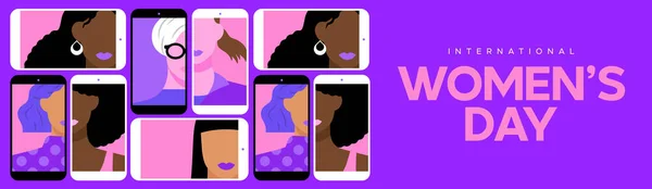携帯電話のビデオチャット画面やソーシャルメディア接続上の多様な女性チームの国際女性デーのウェブバナーイラスト 3月8日女性権イベントデザイン — ストックベクタ