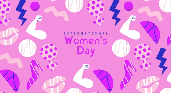 カラフルなピンクのドアの装飾の国際的な女性の日グリーティングカードイラスト 女性の休日のイベントのデザインは 女性のシンボル幾何学的な形状と手描きのアイコンが含まれています — ストックベクタ