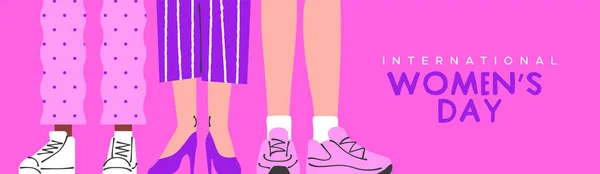 ピンクの女性の靴のファッションの国際女性の日のグリーティングカードイラスト 3月8日のイベントのための多様な女性グループの足のコンセプト — ストックベクタ