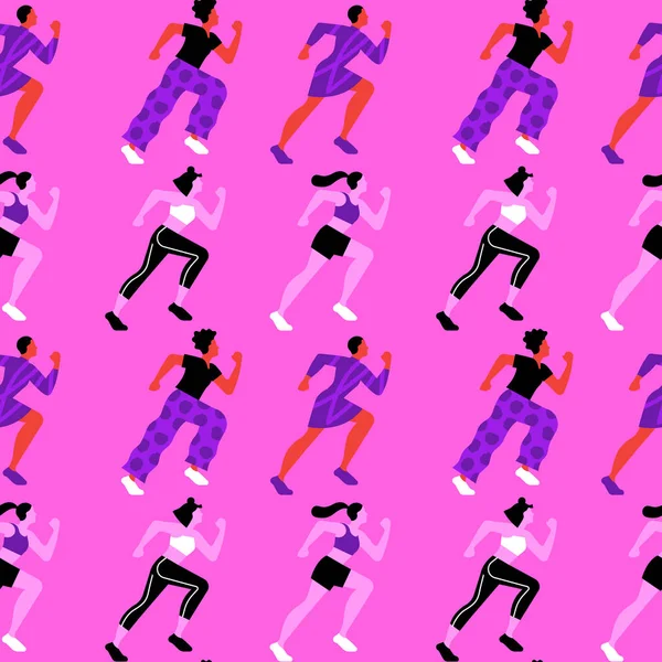 Diverse Rosafarbene Frauen Drängen Sich Beim Laufen Flache Nahtlose Musterillustration — Stockvektor
