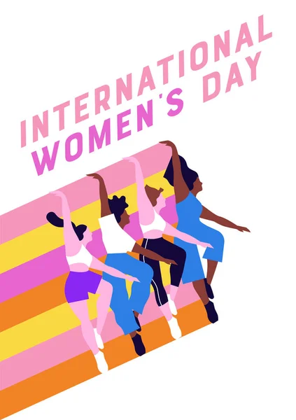 多様な若い女性の友人の国際女性の日のグリーティングカードイラストが一緒にジャンプします 現代行進8女性の権利のためのイベントデザイン — ストックベクタ