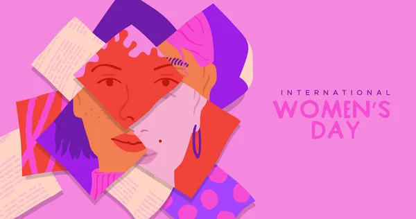 国際女性デーグリーティングカードフラット漫画スタイルで多様な若い女性の写真のコラージュのイラスト 女性の権利または女の子のアイデンティティの概念3月8日イベント — ストックベクタ