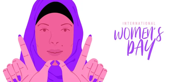 Dia Internacional Mulher Ilustração Cartão Saudação Bela Jovem Muçulmana Fazendo — Vetor de Stock