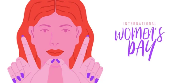 美しいピンクの女性の国際女性デーグリーティングカードイラストを手でW文字のサインを行う 3月8日のイベントのための現代女性の権利デザイン — ストックベクタ
