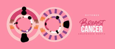 Breast Cancer Awareness month banner illustration of diverse women group hugging together for disease prevention, solidarity or charity campaign.