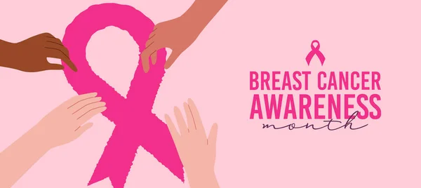 Breast Cancer Awareness Month Greeting Card Illustration Diverse Woman Hands — Stockvector