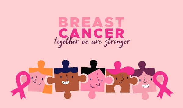 Breast Cancer Awareness Month Illustration Diverse Women Friends Together Puzzle — Stock vektor