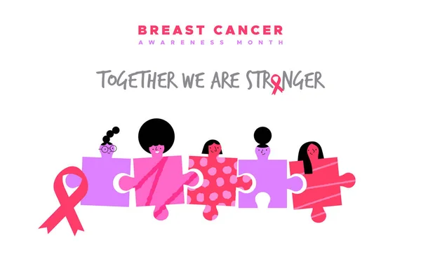 Breast Cancer Awareness Month Illustration Diverse Women Friends Together Puzzle —  Vetores de Stock