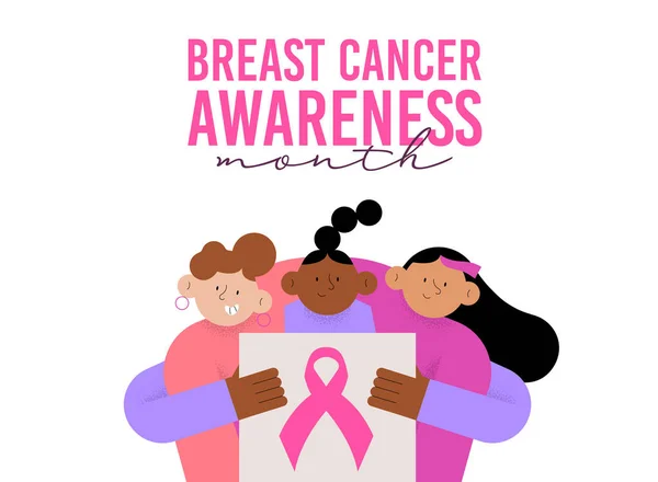 Breast Cancer Awareness Month Banner Illustration Diverse Young Women Hugging — Stock vektor