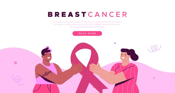 Breast Cancer Awareness Month Concept Illustration Two Young Women Hold — 图库矢量图片