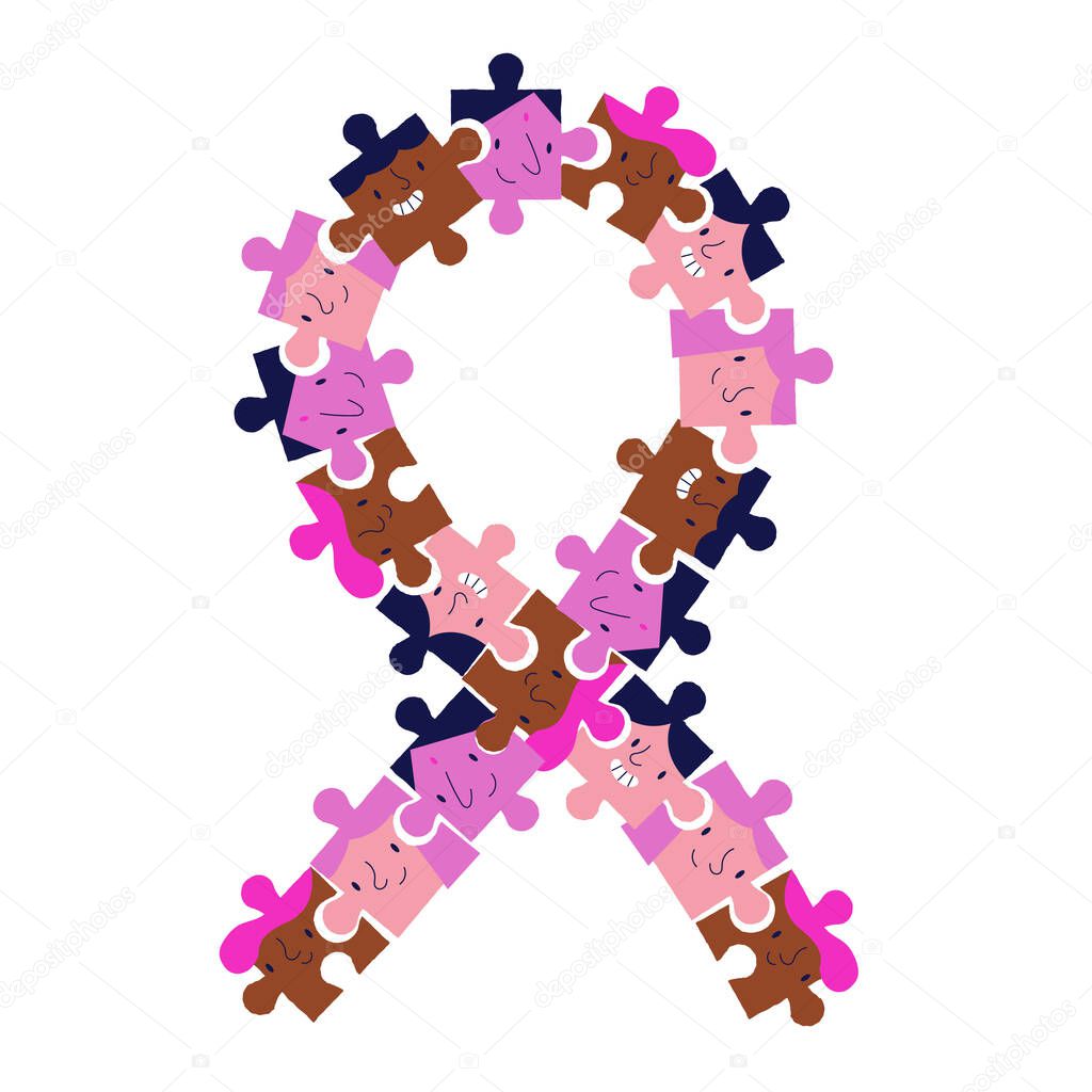 Breast Cancer Awareness month illustration, pink ribbon as puzzle pieces with diverse women friends together in flat cartoon style. Concept for disease prevention, solidarity or charity campaign. Together we are stronger.