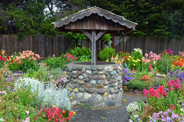 Wishing well in dahlia garden — Stock Photo, Image