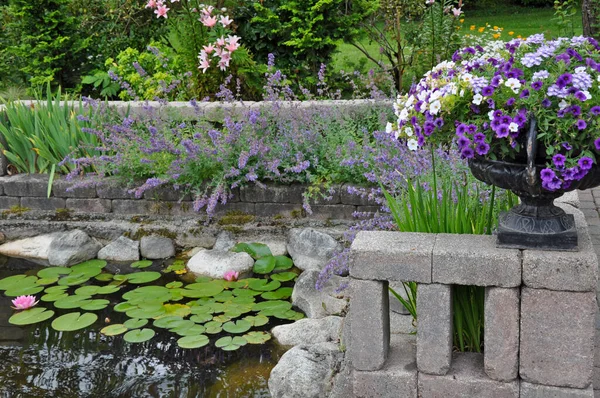 Prachtige Zomertuin Vijver Omgeven Door Een Verscheidenheid Aan Planten Bloemen — Stockfoto