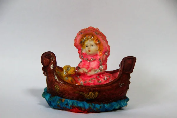 Bedecked Princess Doll Pink Attire Sitting Boat Her Dog White — Stock Photo, Image