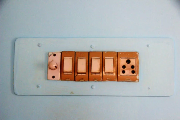 View Painted Panel Containing Electrical Switches Plug Socket — Stockfoto
