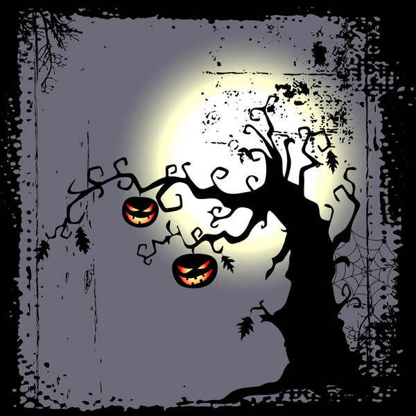 Хэллоуин фон - две тыквы висят на дереве
