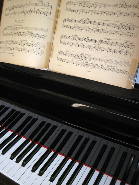 带有音符、音乐背景的钢琴键. — 图库照片