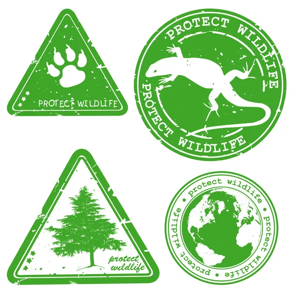 Protect wildlife written inside the stamp. Green grunge rubber s — Stock Vector