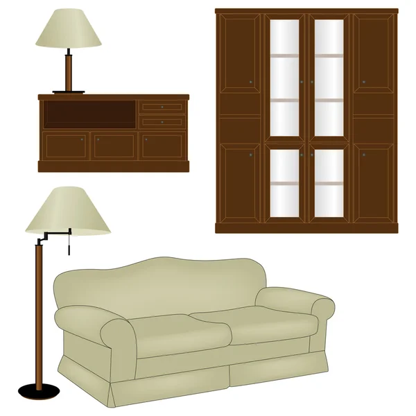 Canapé et autres meubles isolés sur fond blanc — Image vectorielle