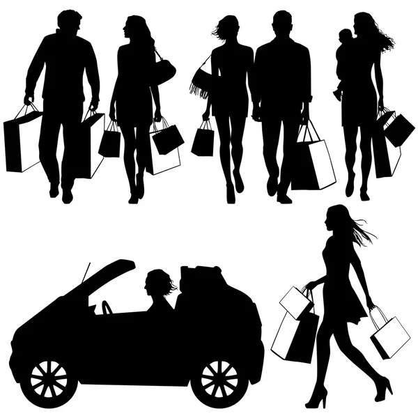 Verschillende, shopping - vector silhouetten — Stockvector