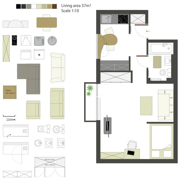 Proyección plana vectorial con muebles. Listos. Escala 1: 10 — Vector de stock