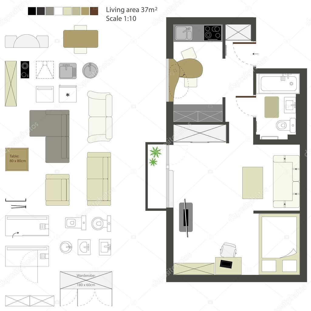 Vector flat projection with furniture. Set. Scale 1:10