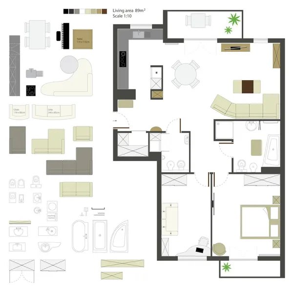 Proyección plana vectorial con muebles. Listos. Escala 1: 10 — Vector de stock