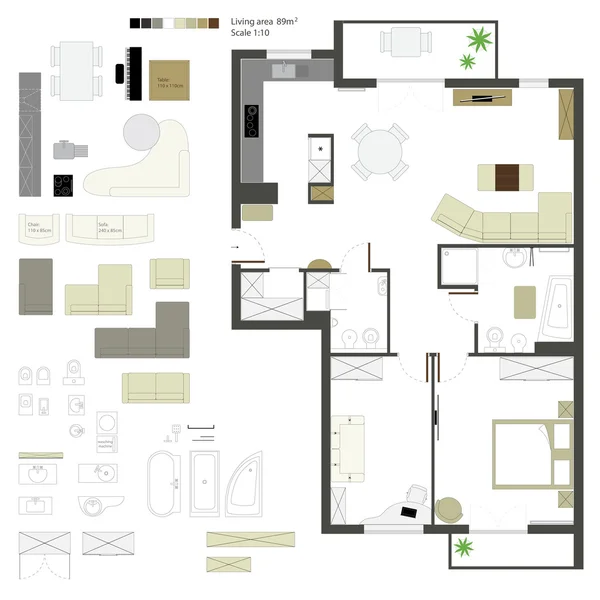 Proyección plana vectorial con muebles. Listos. Escala 1: 10 — Archivo Imágenes Vectoriales