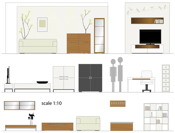 Möbler. design vardagsrum. inredning möbler. skala 1:10 — Stock vektor