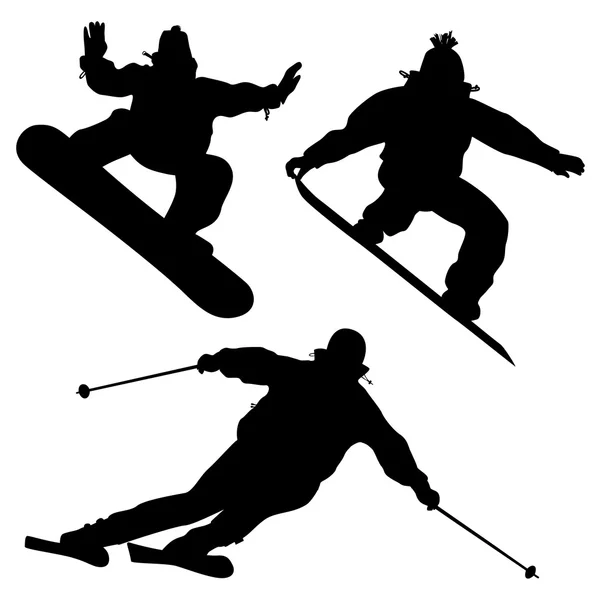 Colección. Snowboarders y un esquiador — Archivo Imágenes Vectoriales