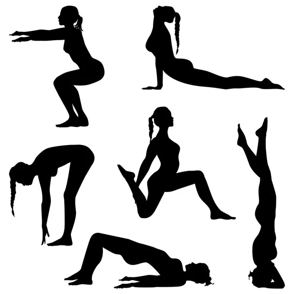 Женщина делает упражнения. Силуэты фитнеса - векторный набор — стоковый вектор