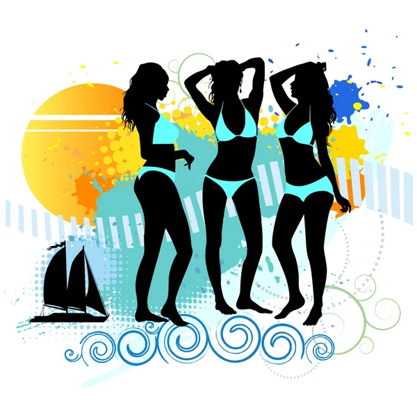 Several girls are dancing on the beach. — Stock Vector