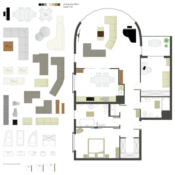 Proyección plana vectorial con muebles. Listos. Escala 1: 10 — Vector de stock