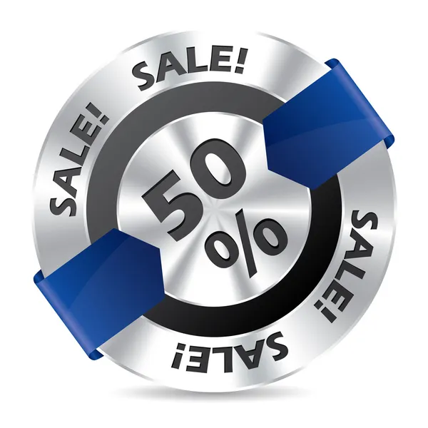 50% sale badge with blue arrow ribbon — Stock Vector