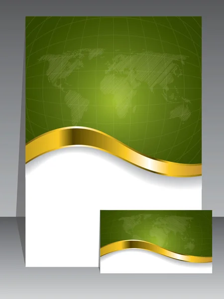Επαγγελματική κάρτα και φυλλάδιο με πράσινο χρώμα με χρυσά κύμα — Διανυσματικό Αρχείο