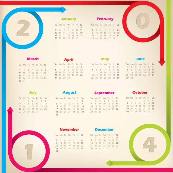 Cool new 2014 calendar with arrow ribbons — Stock Vector