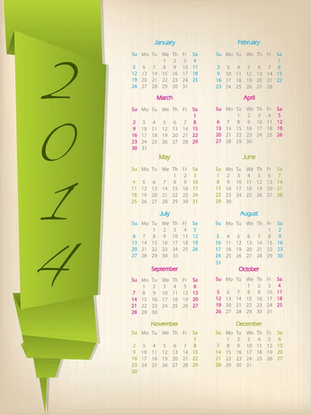 Kalender 2014 mit grünem Origami-Pfeil — Stockvektor