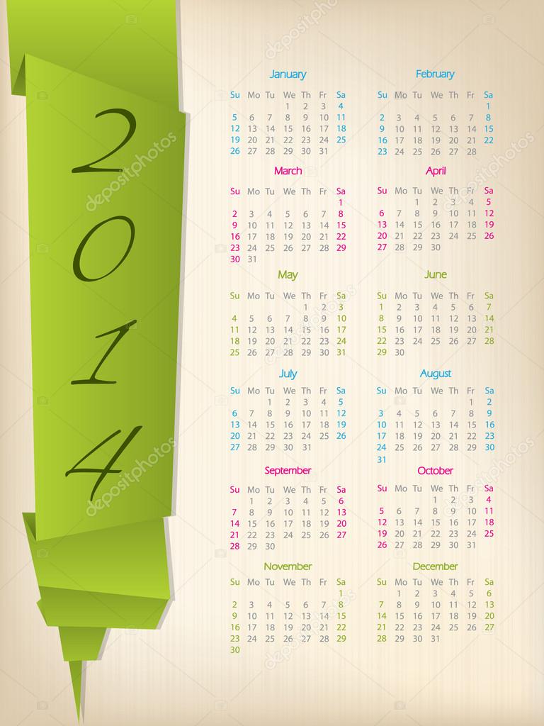2014 calendar with green origami arrow