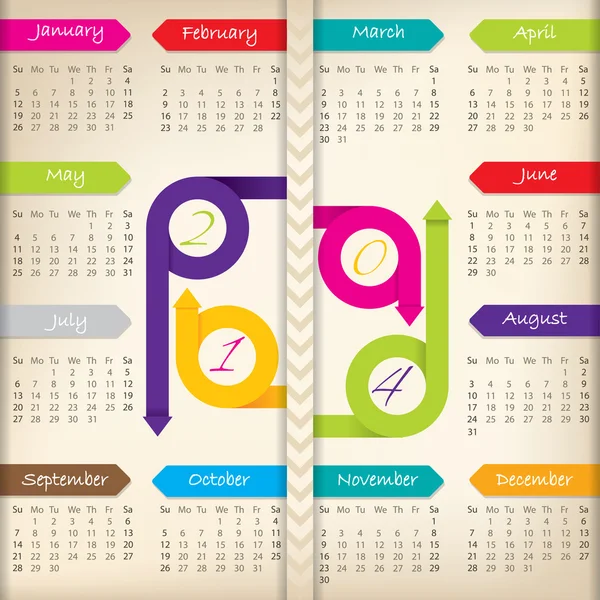 2014 calendar with color arrow ribbons — Stock Vector